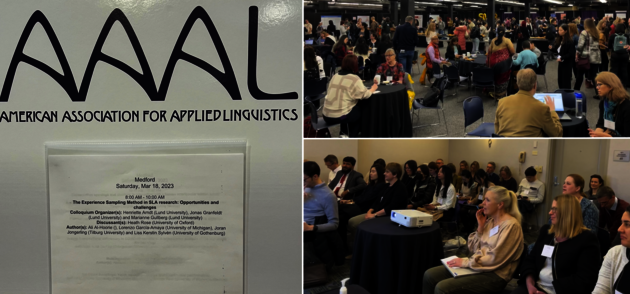 A collage of people mingling listening to presentations.