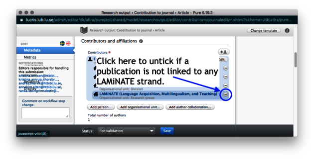 A screenshot of a popup in LUCRIS showing the header "Contributors and Affiliations". A circle and an arrow show where to untick.