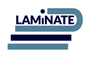 The LAMiNATE symbol is two shades of blue. It holds the name LAMiNATE. All letters are capitals except the i. The dot above the i also acts as a stop to a blue line on top of the name that bends down at the end of the name and underlines it on top of two stacked lines.