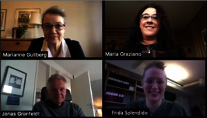 A screen capture of a zoom meeting with four participants: Marianne Gullberg, Maria Graziano, Jonas Granfeldt and Frida Splendido. They are all looking into the camera. Maria and Frida are smiling.