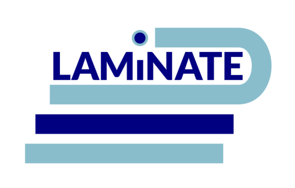 The LAMiNATE symbol is two shades of blue. It holds the name LAMiNATE. All letters are capitals except the i. The dot above the i also acts as a stop to a blue line on top of the name that bends down at the end of the name and underlines it on top of two stacked lines.