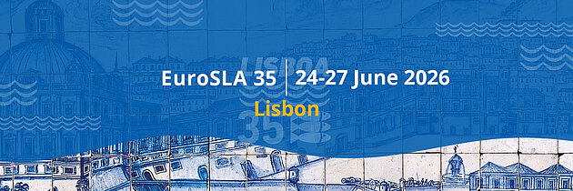 A blue banner with the text EuroSLA 35, 24–27 June, Lisbon. The blue is interspersed with tile-like images of Lisbon architecture.