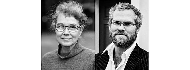Black and white photos of Marianne Gullberg and Anders Agebjörn. They are both looking into the camera with a faint smile.