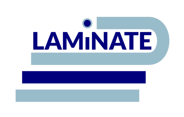 The LAMiNATE symbol is two shades of blue. It holds the name LAMiNATE. All letters are capitals except the i. The dot above the i also acts as a stop to a blue line on top of the name that bends down at the end of the name and underlines it on top of two stacked lines.