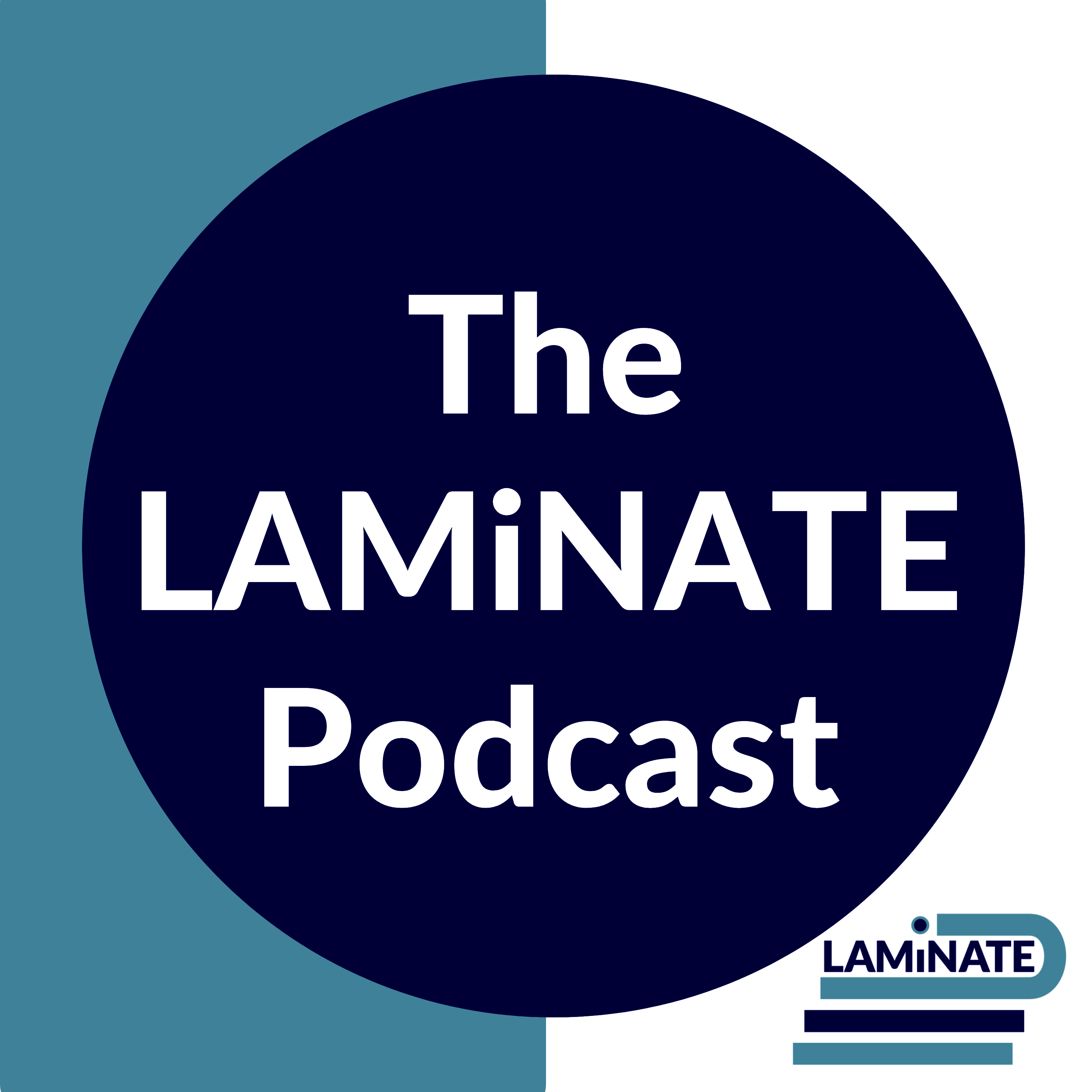 A big navy dot. Text in white reads The LAMiNATE Podcast.