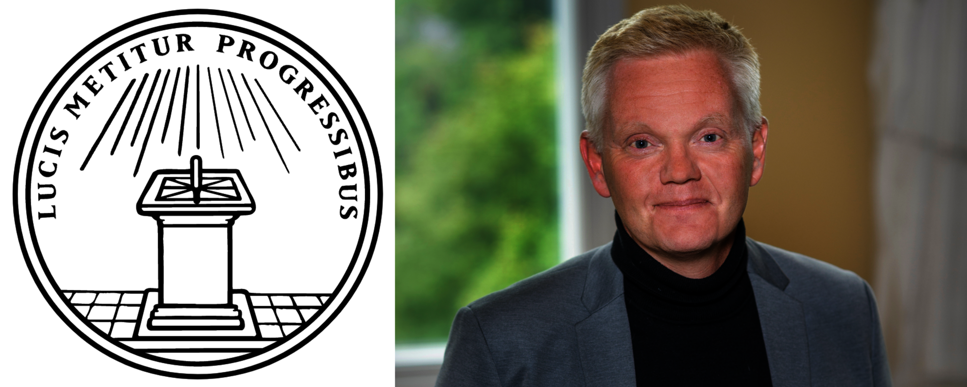 A photo of Jonas Granfeldt next to the seal of the Royal Swedish Academy of Letters, History and Antiquities