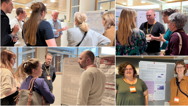 Four pictures of people standing around a poster.