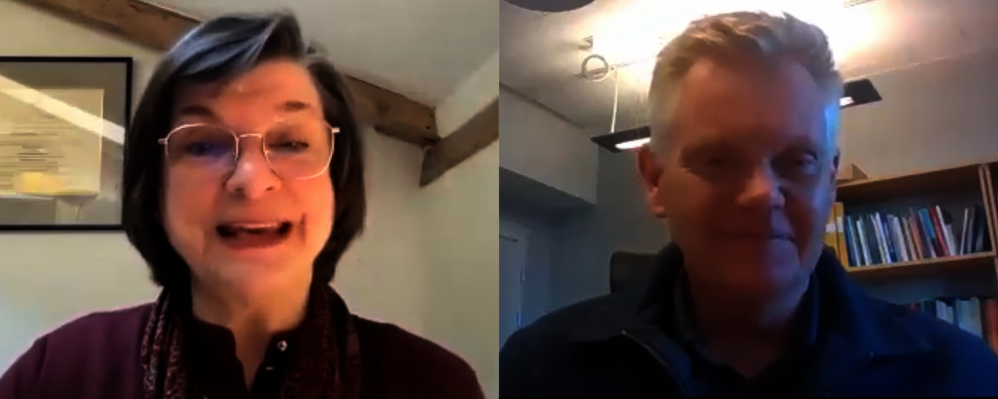 A picture of Elizabeth Lanza and Jonas Granfeldt talking in zoom. They are both smiling.