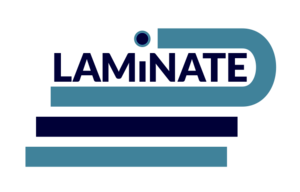 The LAMiNATE illustration is two shades of blue. It holds the name LAMiNATE. All letters are capitals except the i. The dot above the i also acts as a stop to a blue line on top of the name that bends down at the end of the name and underlines it on top of two stacked lines.