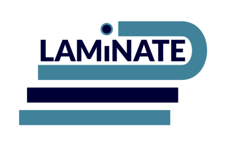 The LAMiNATE illustration is two shades of blue. It holds the name LAMiNATE. All letters are capitals except the i. The dot above the i also acts as a stop to a blue line on top of the name that bends down at the end of the name and underlines it on top of two stacked lines.