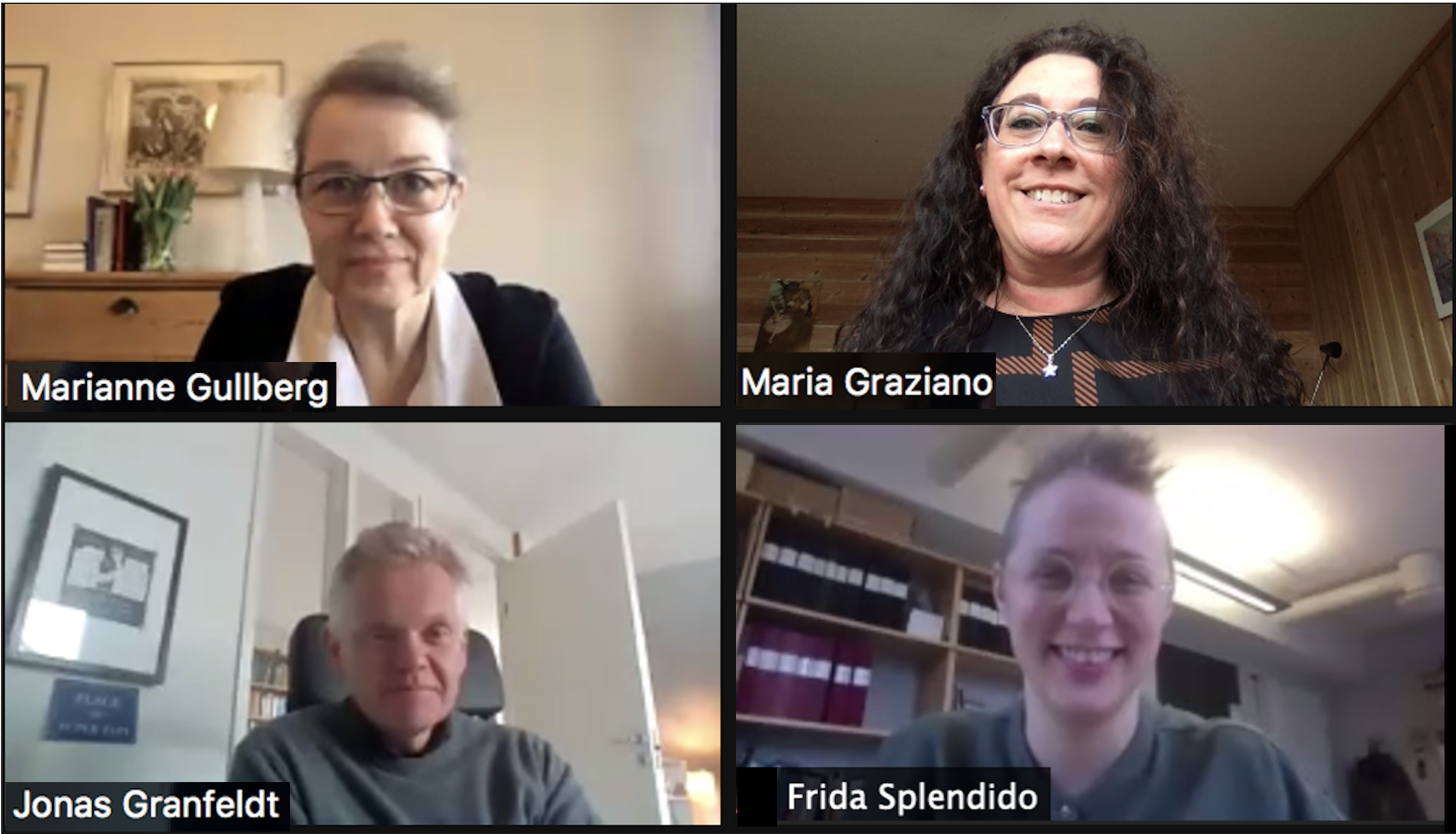 A screen capture of a zoom meeting with four participants: Marianne Gullberg, Maria Graziano, Jonas Granfeldt and Frida Splendido. They are all looking into the camera. Maria and Frida are smiling.