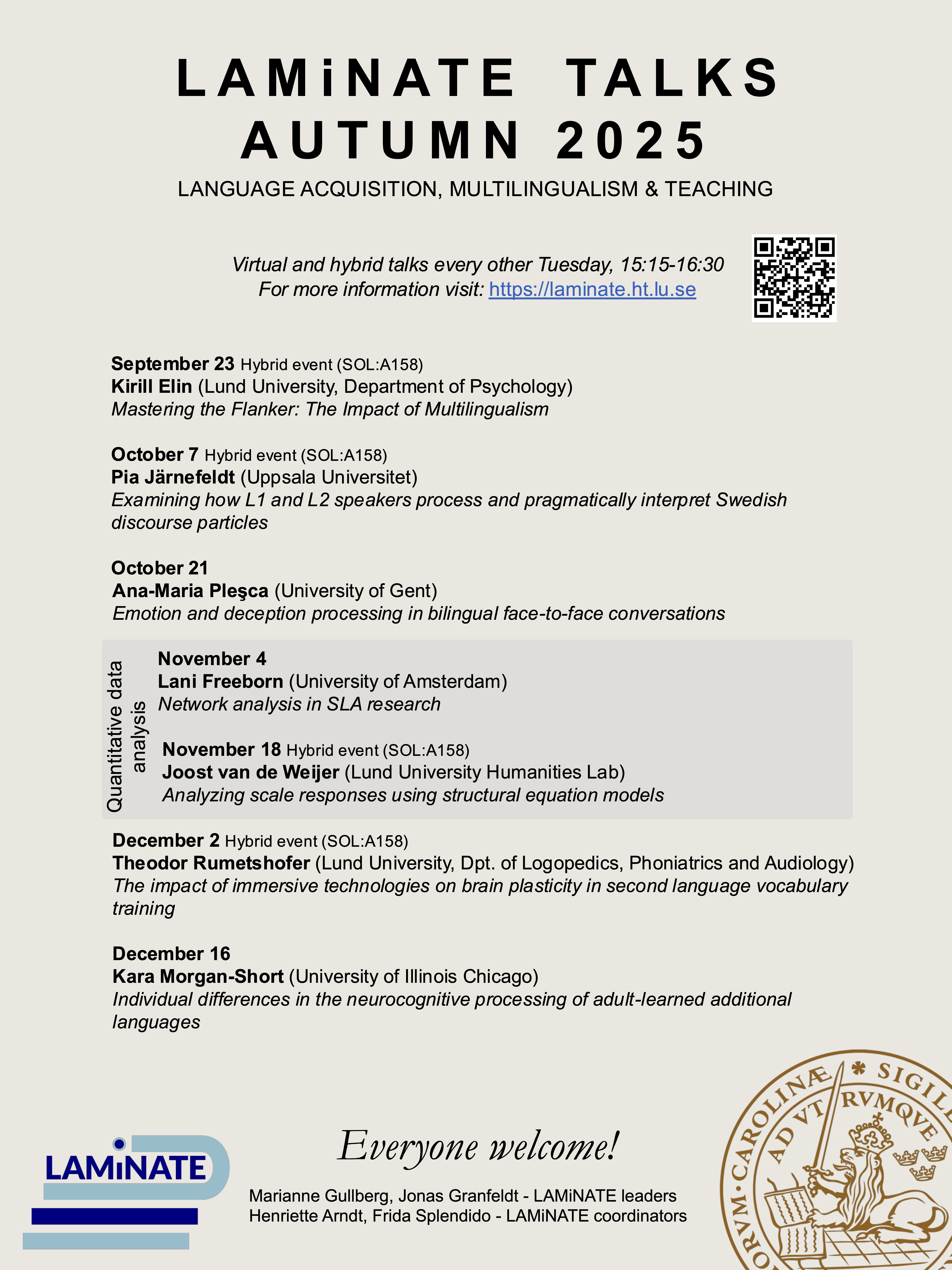 An image of the autumn programme for LAMiNATE Talks. Click the link in the text to open a pdf version and read the programme using your screenreader.